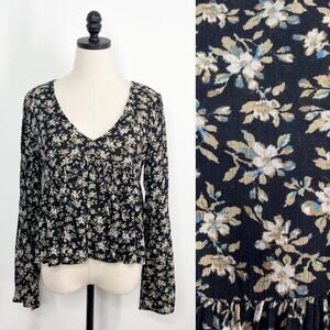 Denim & Supply Ralph Lauren Bell Sleeve Crop Top Black Ditsy Floral Boho Size M